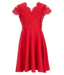 Rare Editions Red V Neck Cap Sleeve Lace Skater Dress